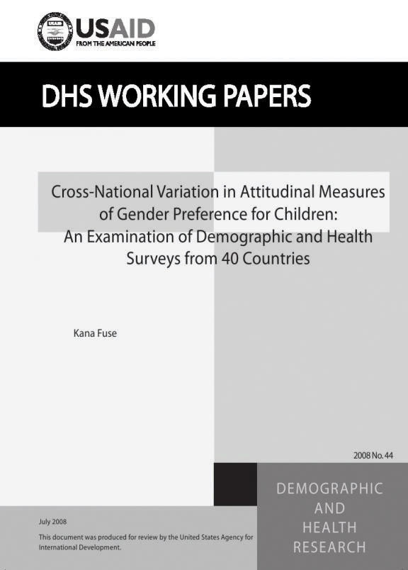 Cover of Cross-National Variation in Attitudinal Measures of Gender Preference for Children: An Examination of Demographic and Health Surveys from 40 Countries (English)