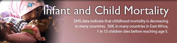 Infant and Child Mortality. DHS data indicate that childhood mortality is decreasing in many countries. Still, in many countries in East Africa, 1 in 15 children dies before reaching age 5. (Photo credit: © 2009 Arie Basuki, Courtesy of Photoshare)