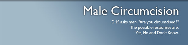 Male Circumcision. DHS asks men, "Are you circumcised?" The possible responses are:
Yes, No and Don't Know.